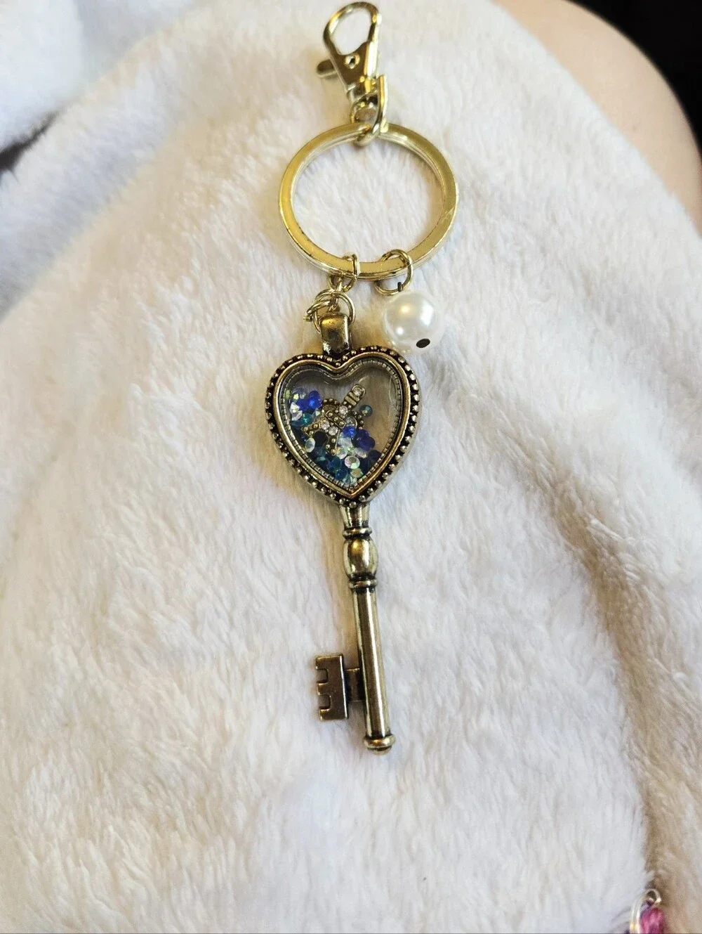 Gold Shaker Heart Key Charm Keychain with Blue Accent